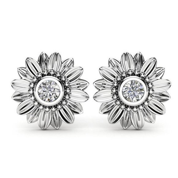 Sterling Silver Diamond Sunflower Stud Earrings - Picture 1 of 2
